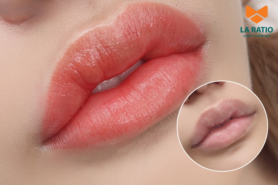 Đôi môi căng mọng, quyến rũ của chị khách sau khi phun môi tại La Ratio