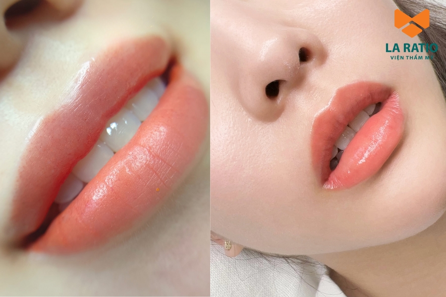 Hình ảnh môi sau khi thực hiện xăm môi màu cam